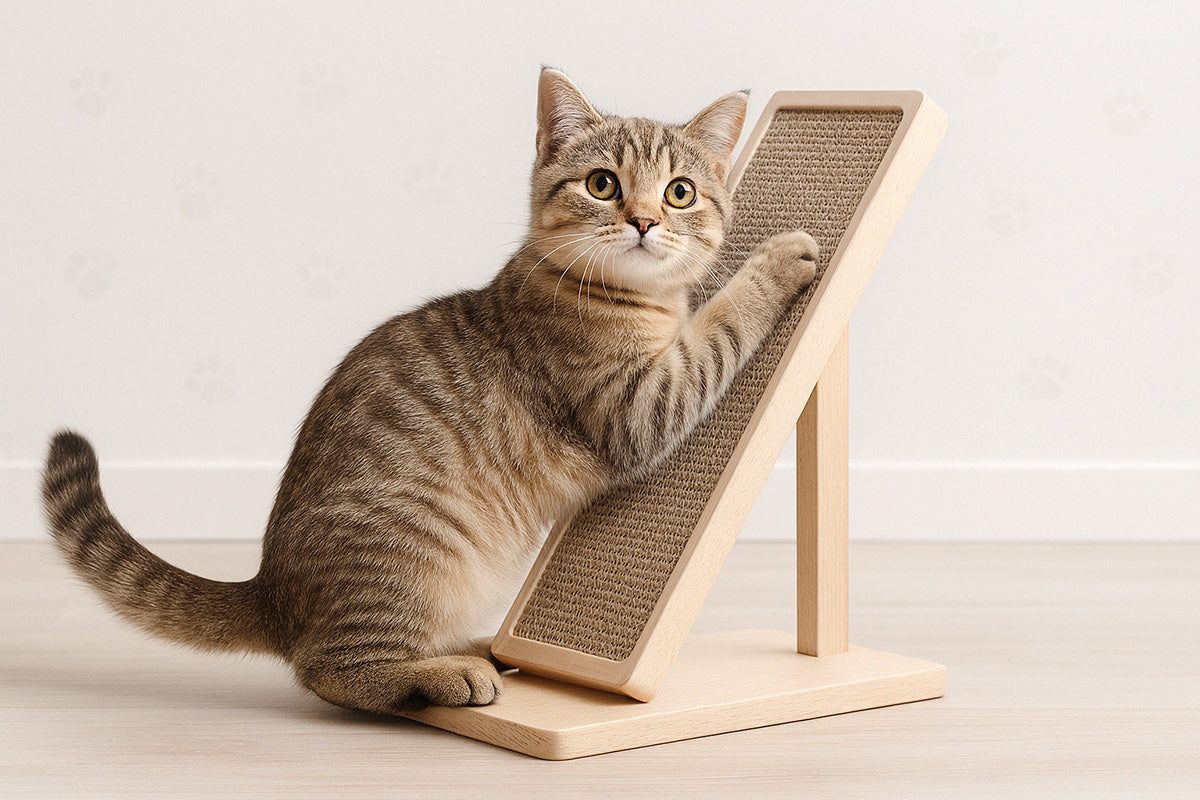 Chaton tigré qui griffe un griffoir design sur pied en regardant l'objectif de l'appareil photo