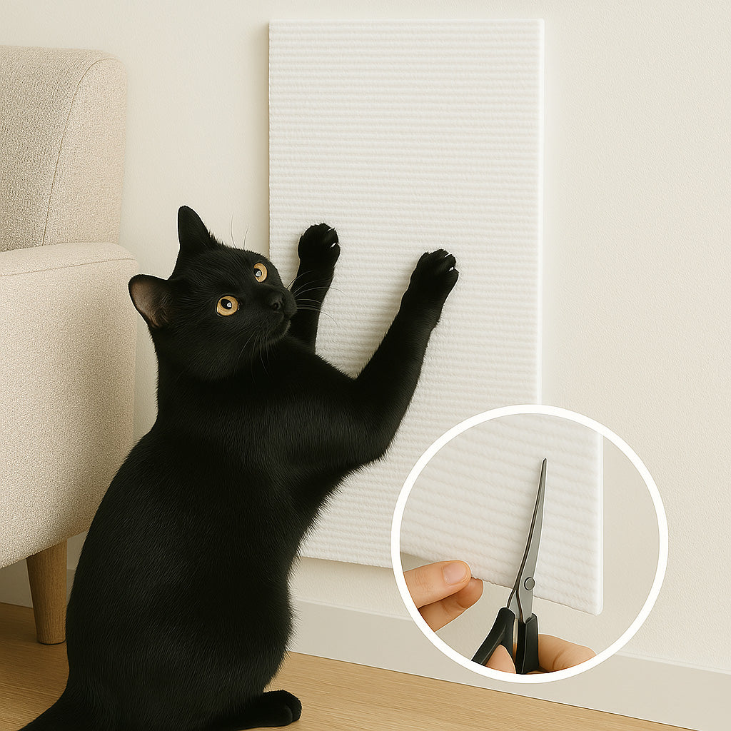 Chat noir qui griffe un griffoir blanc accroché au mur