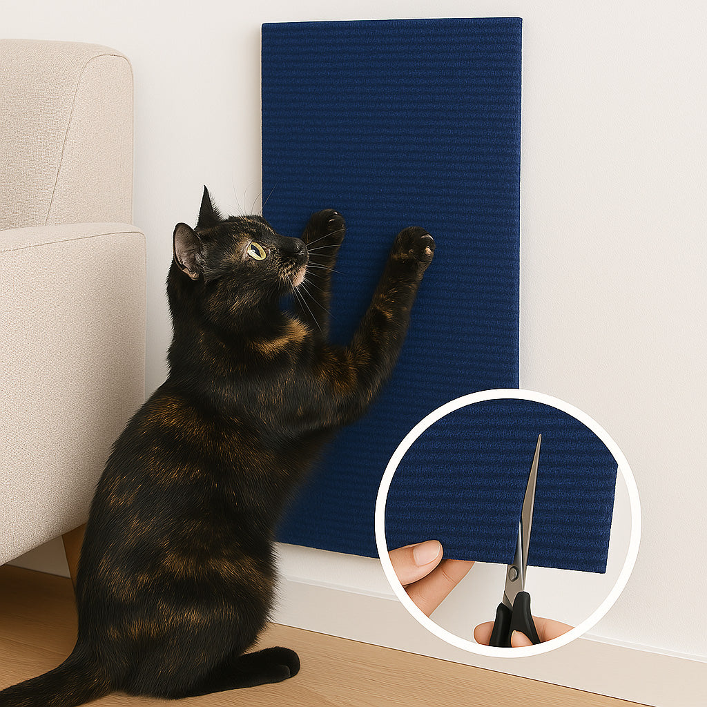 Chat écaille de tortue qui griffe un griffoir bleu accroché au mur