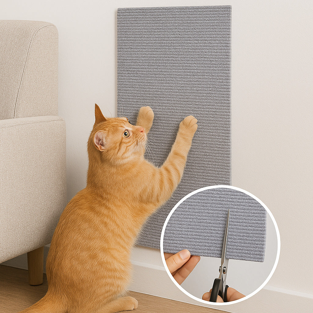 Chat roux qui griffe un griffoir gris clair accroché au mur