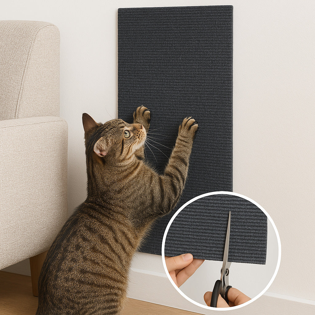 Chat tigré qui griffe un griffoir gris foncé accroché au mur