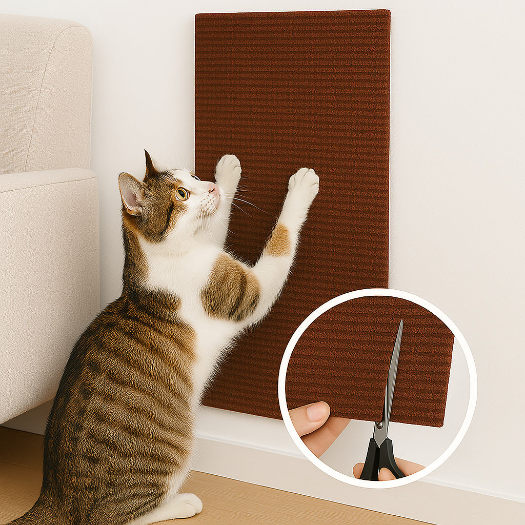 Chat tigré qui griffe un griffoir marron accroché au mur