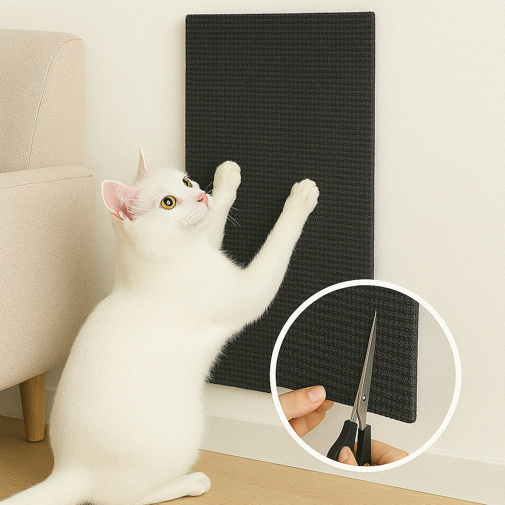 Chat blanc qui griffe un griffoir noir accrocher au mur