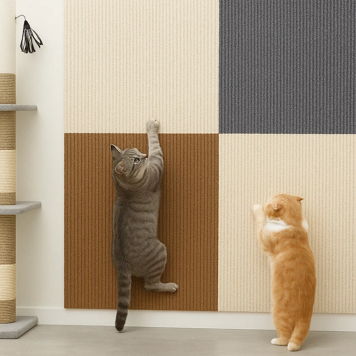 2 chat qui grimpe au mur grace au griffoir adhésif