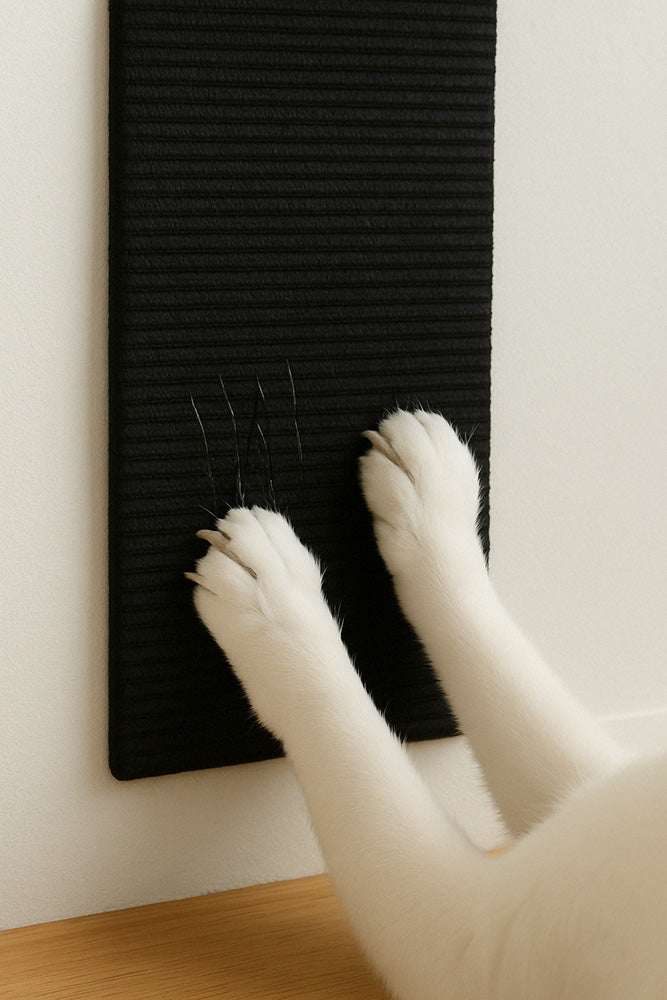 Pates de chat blanc en train de griffer un griffoir adhésif noir collé au mur